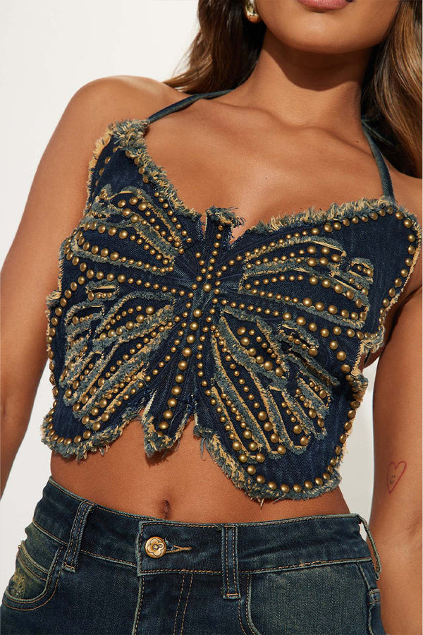 BT3111 Studded Denim Butterfly Top