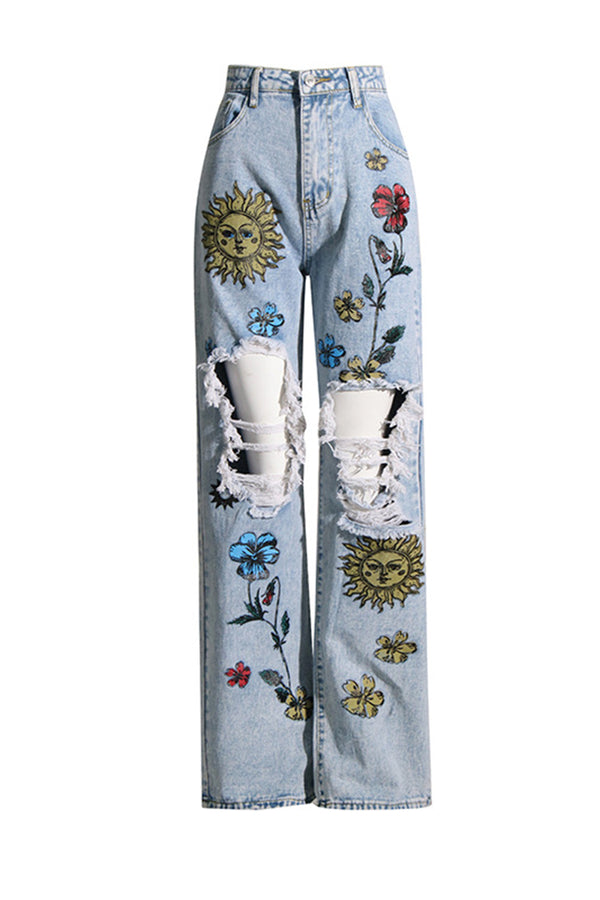 HPQ1054 Floral Ripped Pants