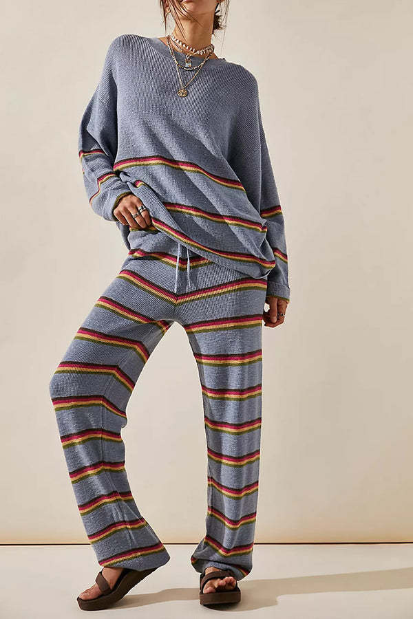 HUQ1065 Striped Rib-Knit Top & Pants Set