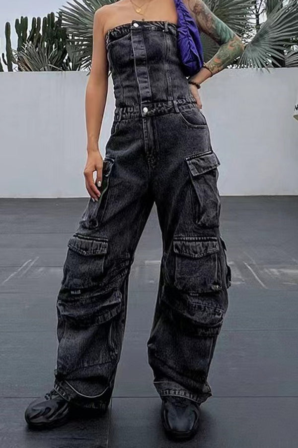 JQ3298 Denim Cargo Jumpsuits