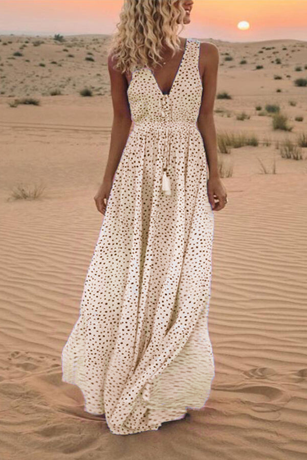 HBQ1237 Dotted V-Neck Maxi Dress