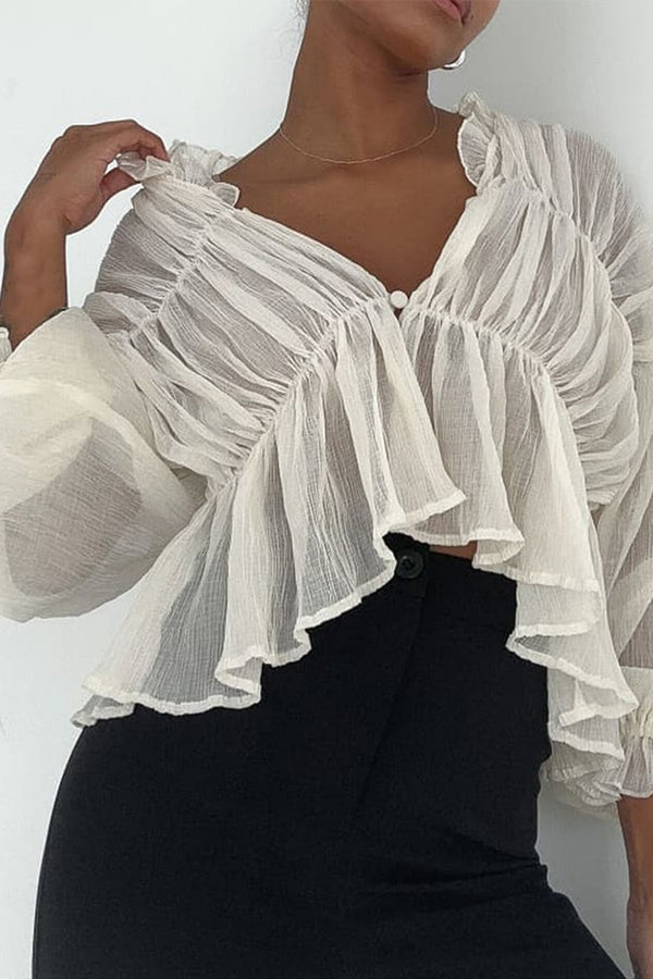 TR3235 Ruffle Sheer Crop Shirt Top