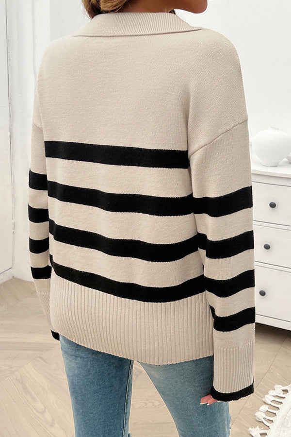 HWQ1227 Striped Pattern Collared Sweater