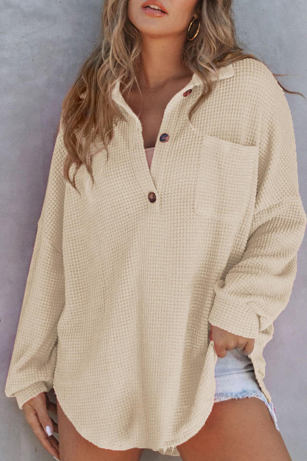 HTR1119 Relaxed Waffle-Knit Button-Up Shirt Top