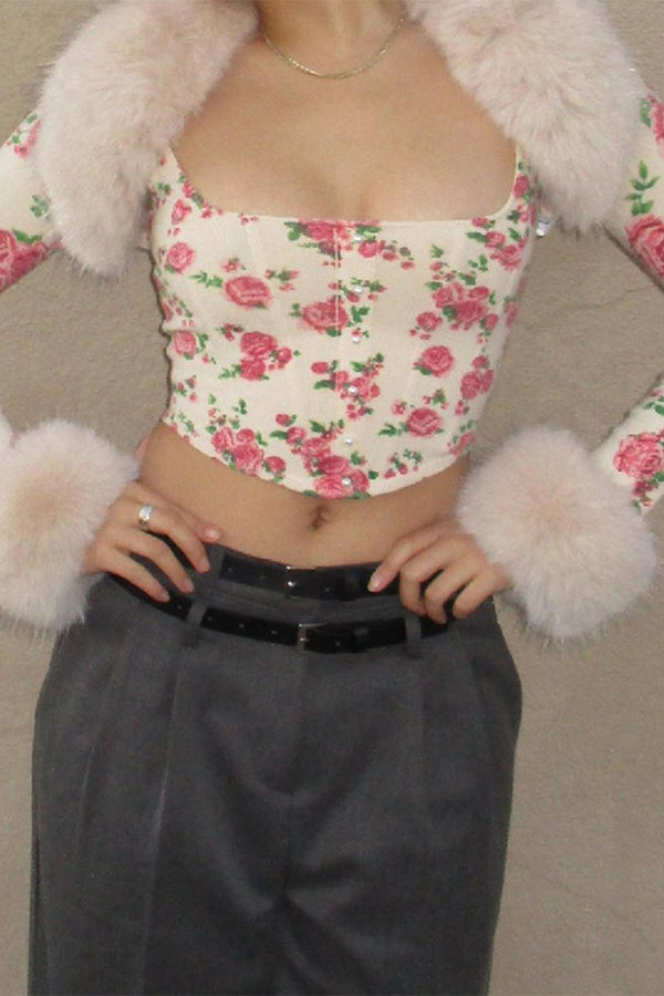 HTS1156 Vintage Rose Fur Trim Top