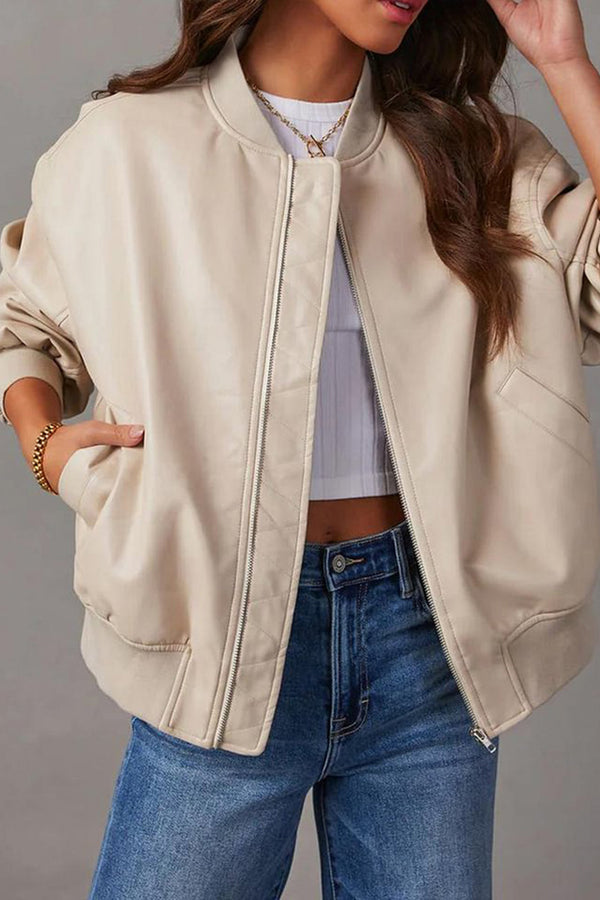 HCS1354 Chic Faux Leather Bomber Jacket Outerwear