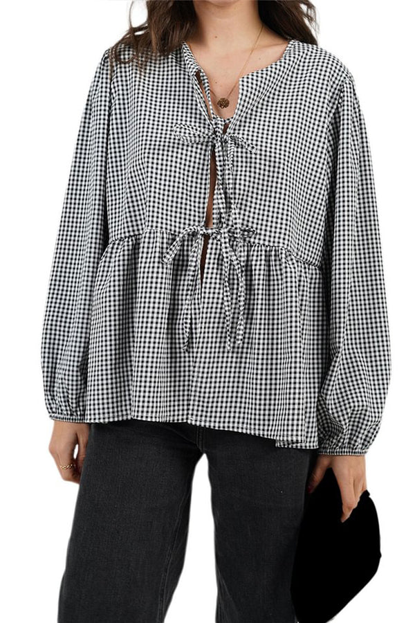 HTR1328 Gingham Bow Tie Blouse