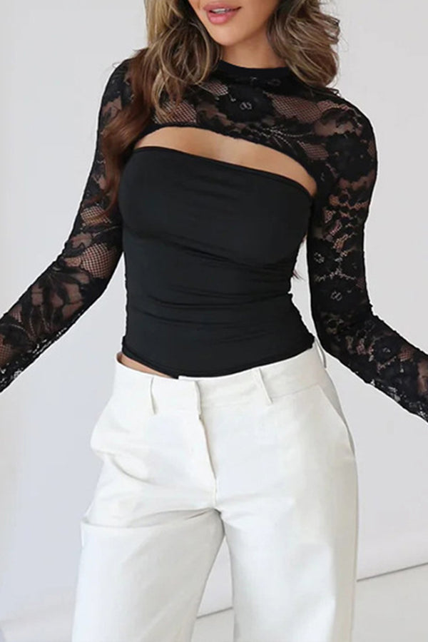 HTR1073 Lace Overlay Cutout Top