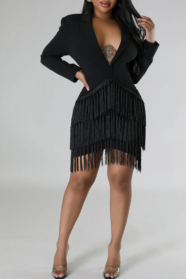 BR3098 Tassels Long Sleeve Mini Dress