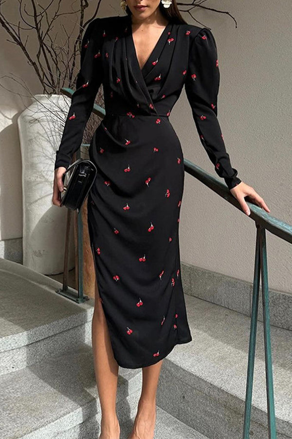 HBS1191 Cherry Print Wrap Midi Dress