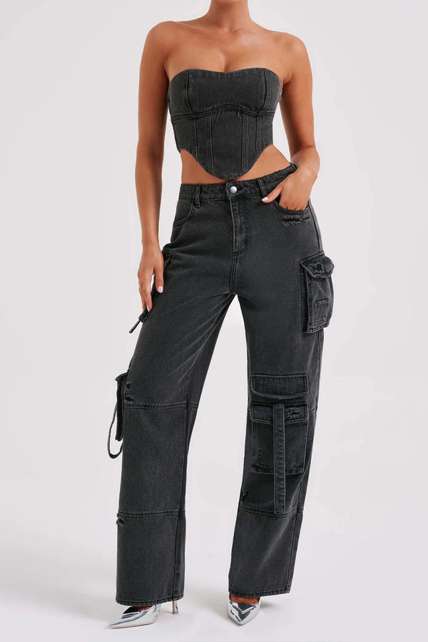 US3406 Denim Tube and Cargo Jeans  Set