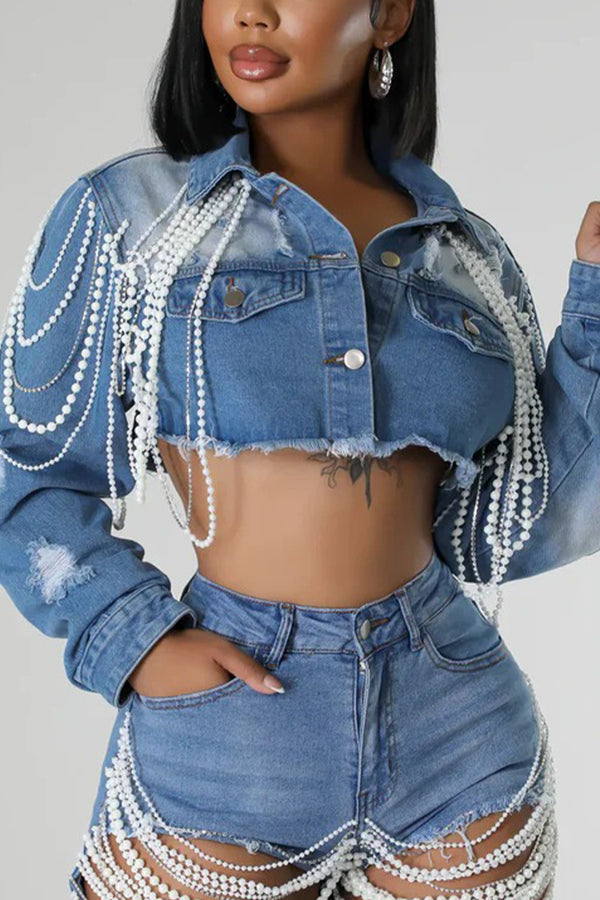 CR3066 Pearl Tassels Denim Jacket Outerwear