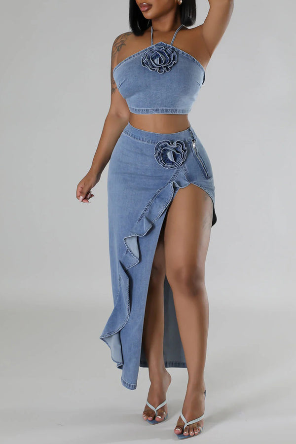 UR3096 Denim Top and Skirt Set