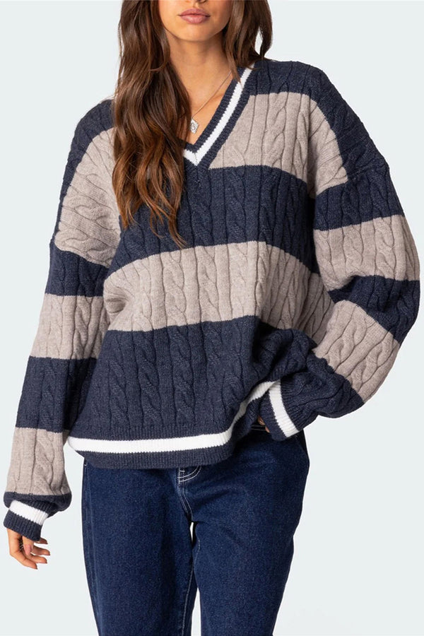 HWT1228 Striped V-Neck Cable Knit Sweater