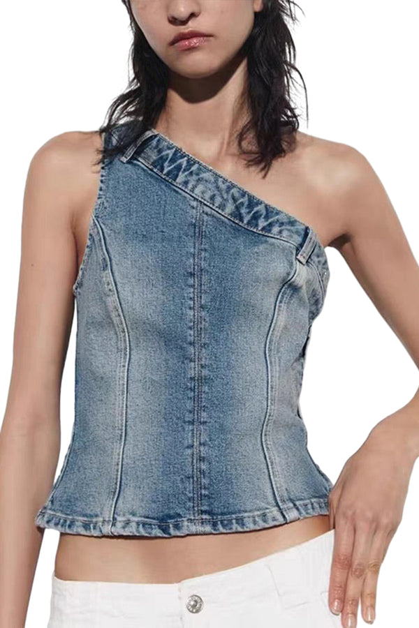 HTT1254 Asymmetric Denim Top