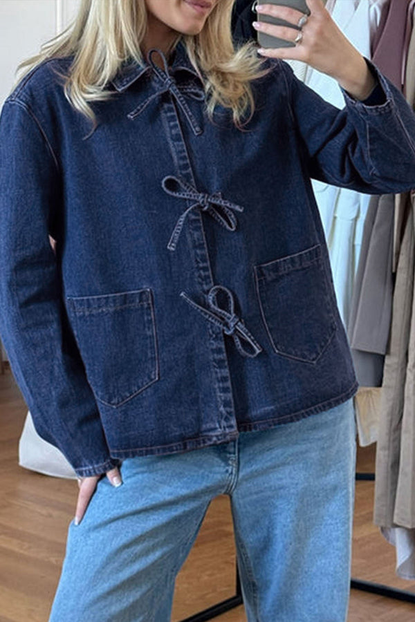 HTS1265 Casual Tie-Up Denim Jacket Top