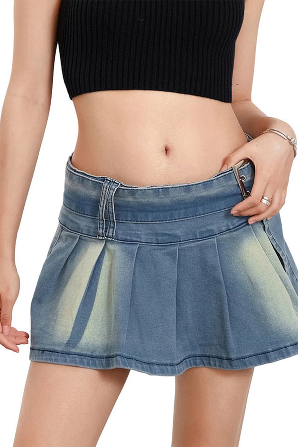 HQS1263 Buckle Up Pleated Denim Skirt Set