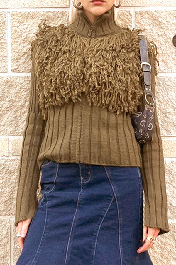 HWR1082 Fringe Detail Ribbed Sweater