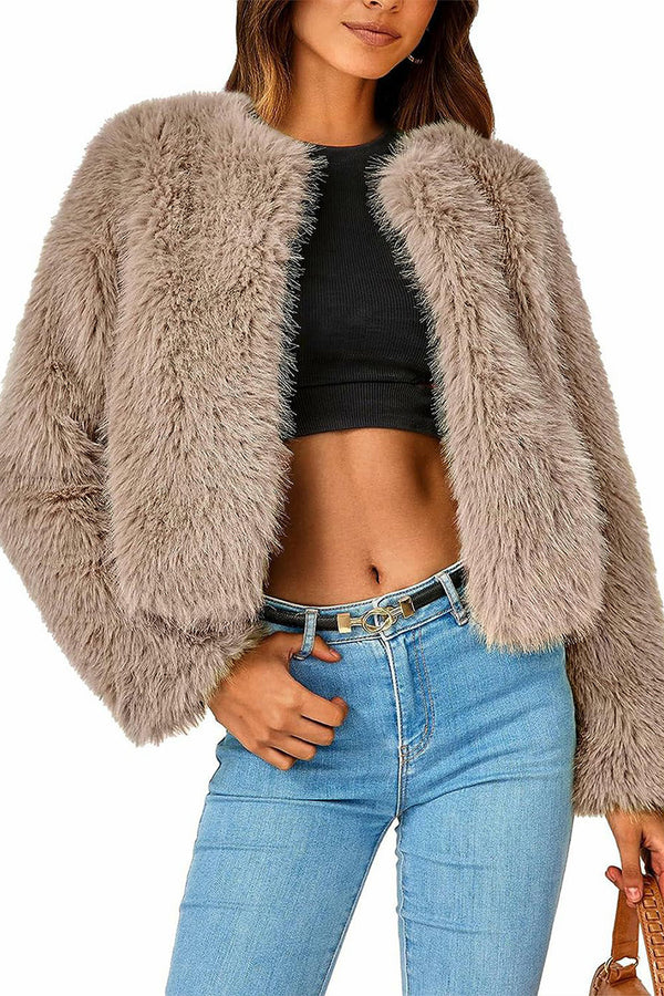 HCS1386 Fluffy Cropped Faux Fur Jacket Outerwear