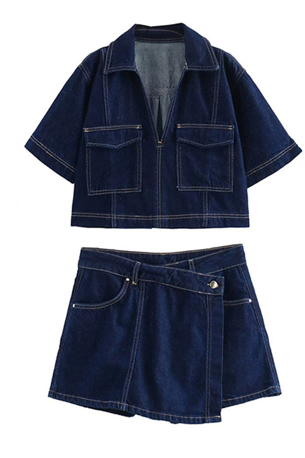 US3371 Denim Shirt and Skirt Set