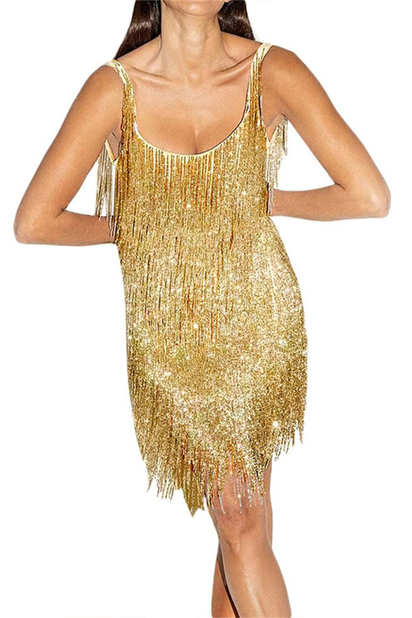 BR3214 Sequins Fringes Mini Dress