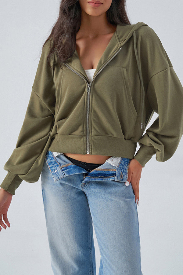 HTT1132 Casual Cropped Zip Hoodie Top