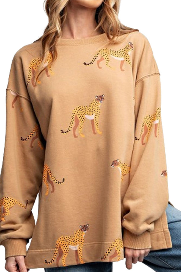 HTS1304 Wild Cheetah Print Sweatshirt Top