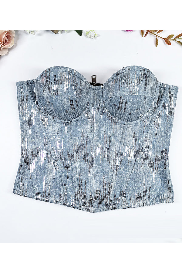 TT3251 Sequins Denim Bustier Top