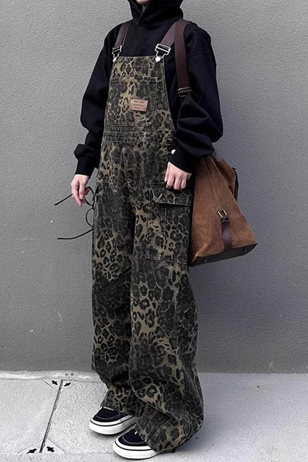 HPQ1404 Leopard Pocket Overalls Pants