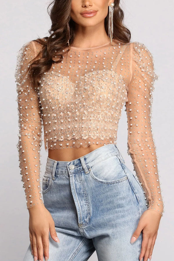 TD1019 Rhinestone Pearl Bubble Long Sleeve Crop Top