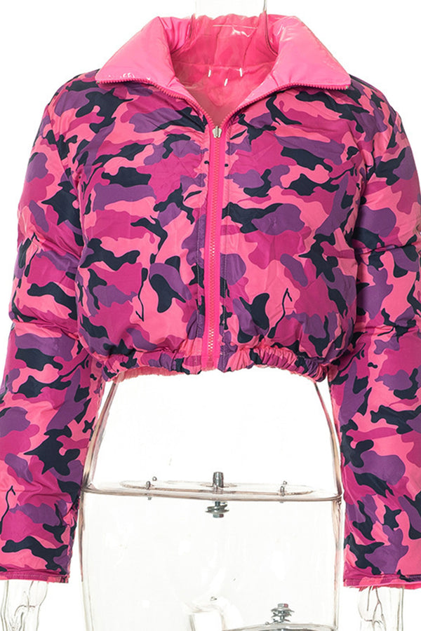 DS3289 Camo Crop Puffer Jacket Outerwear