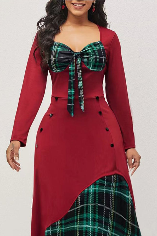 HBS1350 Vintage Plaid Accent Midi Dress