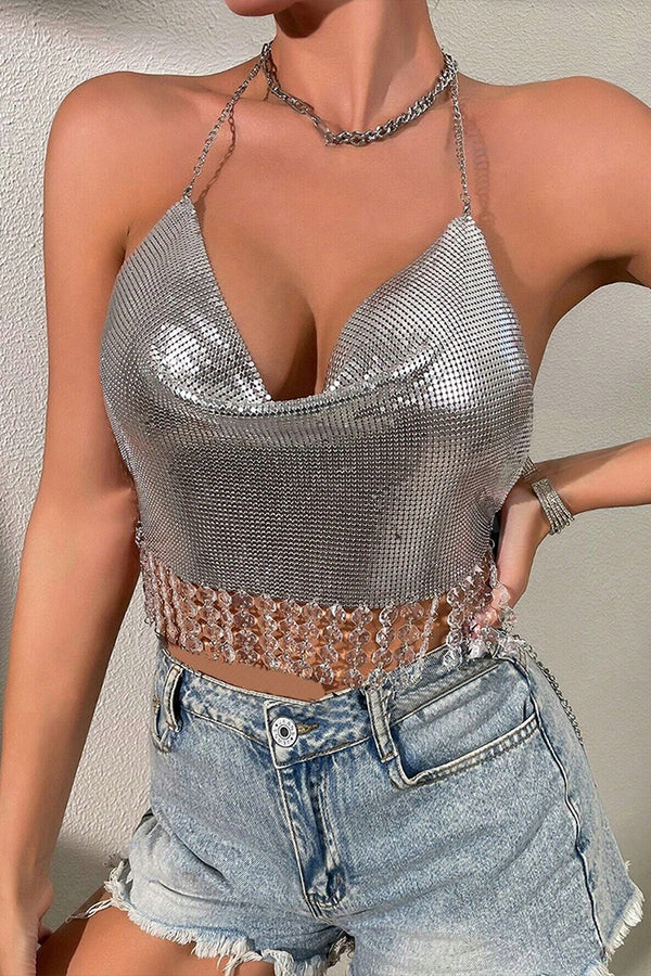 TQ3591 Metal Sequins Halter Top