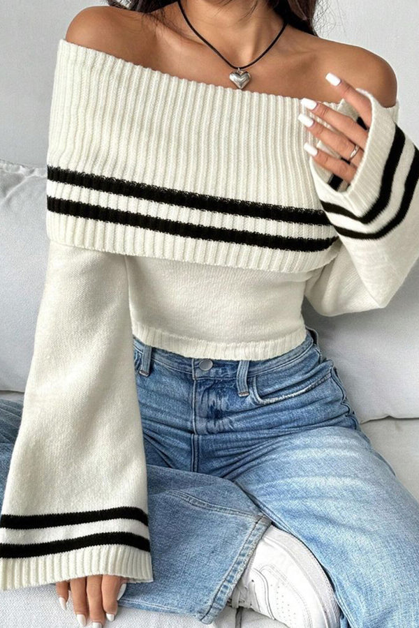 HWS1144 Striped Off-Shoulder Knit