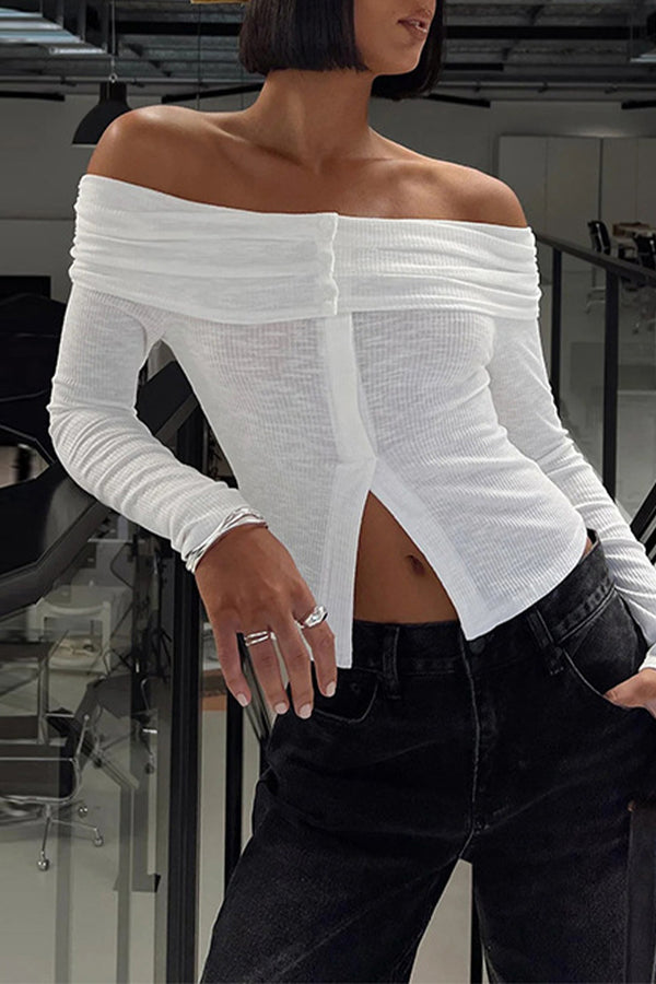 HTS1187 Buttoned Off-Shoulder Ribbed Top