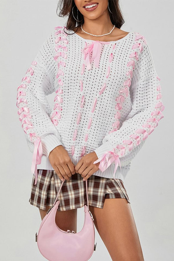 HWS1199 Ribbon Lace-Up Knit Sweater