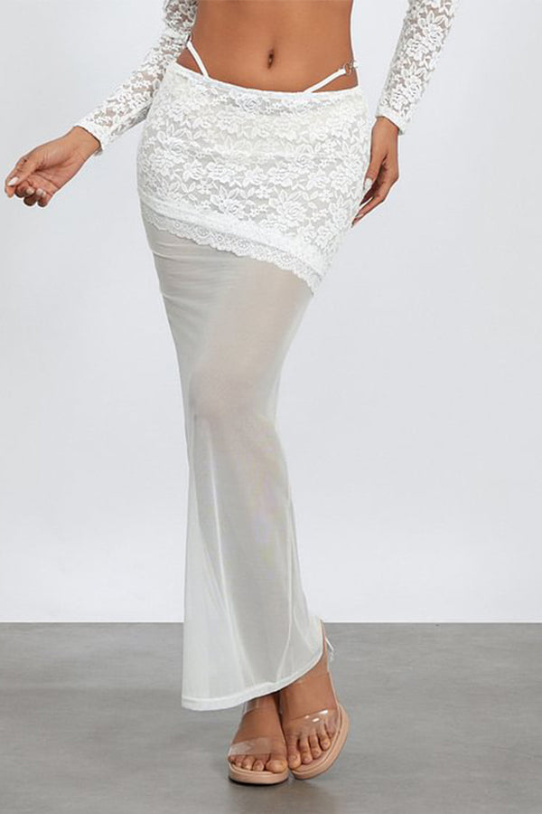 HQS1336 Sheer Lace Overlay Maxi Skirt