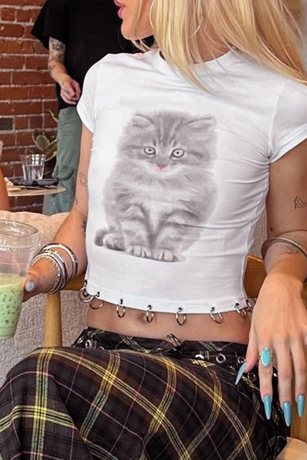 TS3295 Kitty Printed Crop Tee Top