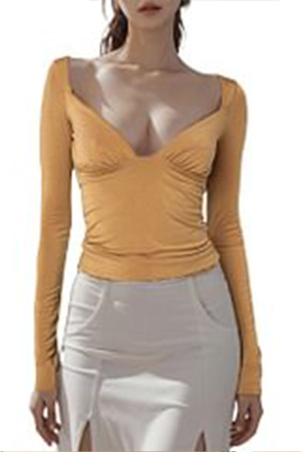 HTS1163 Deep V Ruched Long Sleeve Top