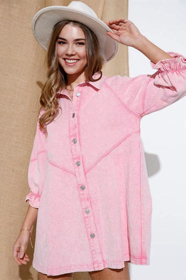 BB693 Lantern Sleeve Denim Shirt Dress