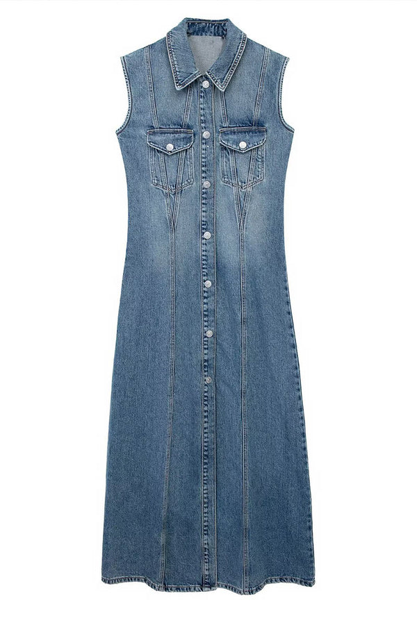 BB702 Sleeveless Front Denim Dress