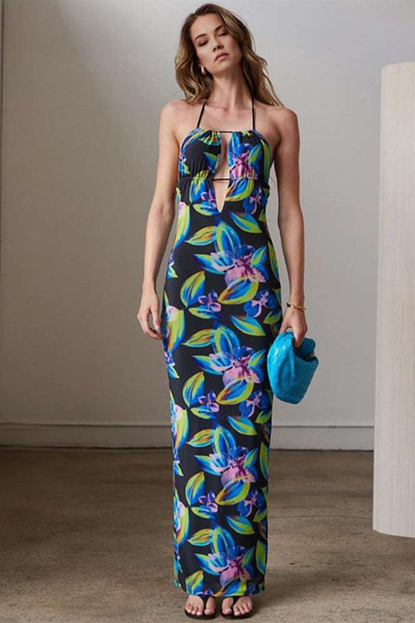 BD907 Graphic Halter Backless Cutout Maxi Dress