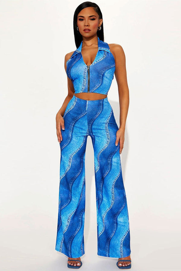 UD979 Wave Print Zip-Up Crop Top and Pants Set