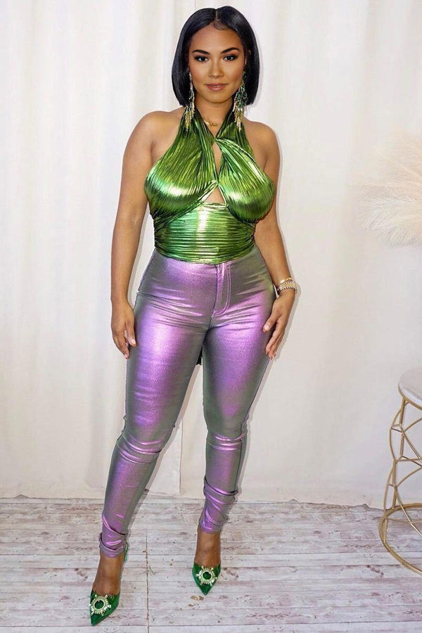 TD987 Metallic Halter Cutout Top