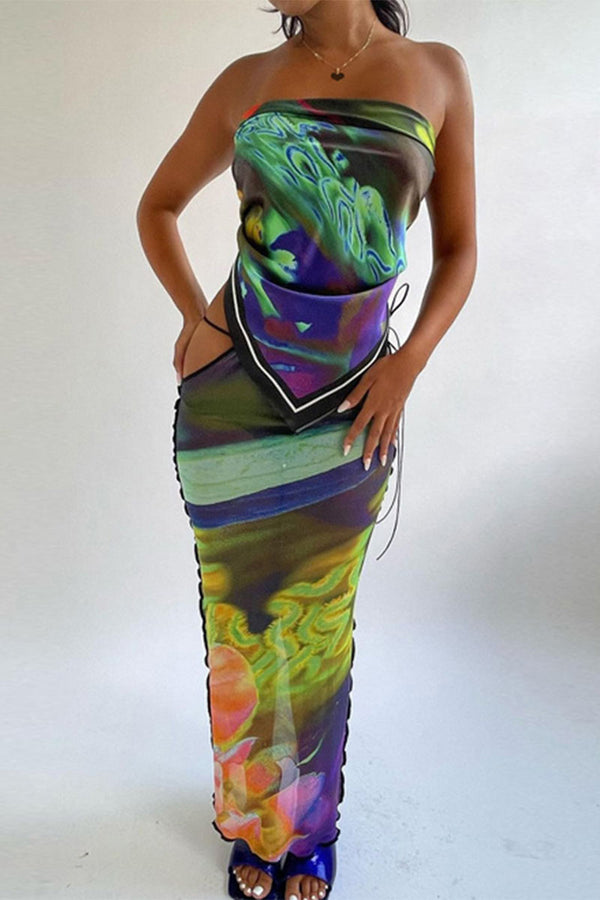 UD1114 Graphic Backless Tube Top and Maxi Skirt Set