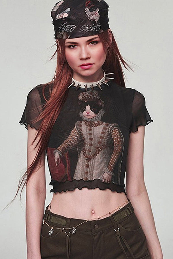 TE149 Graphic Mesh Crop Top