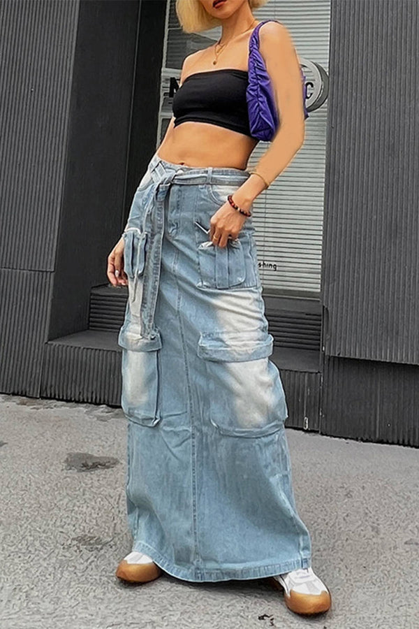 BE802 Denim Multi Pockets Zippered Maxi Skirt