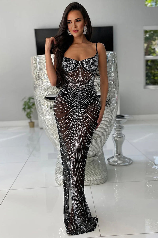 BE845 Rhinestone Sheer Split Maxi Dress