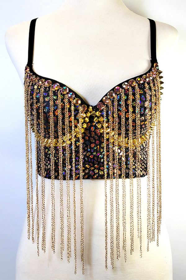 TF0238 Rhinestones Fringes Bustier Top