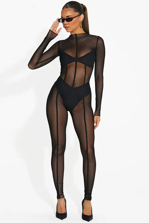 JF750 Long Sleeves Fishnet Mesh Jumpsuit